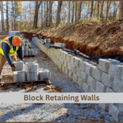 Block Retaining Wall- in progress- Contractor creating a block wall