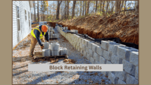 Block Retaining Wall- in progress- Contractor creating a block wall