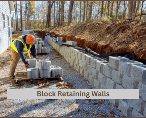 Block Retaining Wall- in progress- Contractor creating a block wall