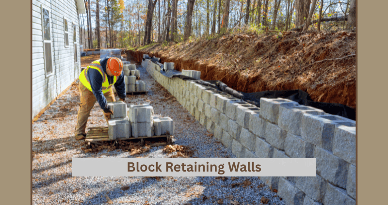 Block Retaining Wall- in progress- Contractor creating a block wall