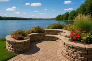 Retaining wall and lakeshore landscaping_ with built in seating