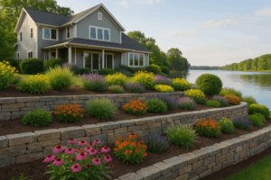 Lakeshore tiered retaining wall with flowering plants and ornamental grasses.