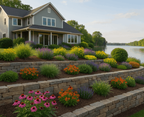 Lakeshore tiered retaining wall with flowering plants and ornamental grasses.