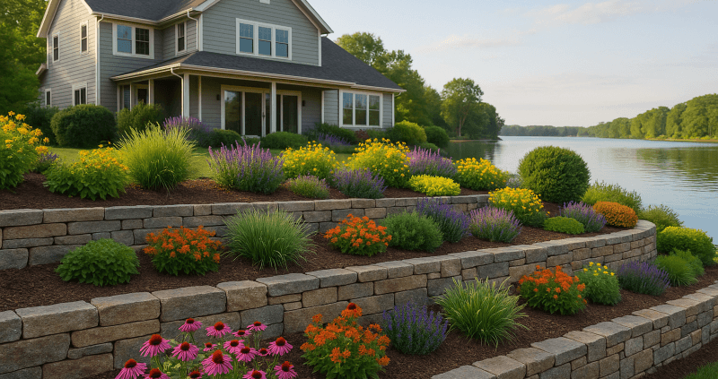 Lakeshore tiered retaining wall with flowering plants and ornamental grasses.