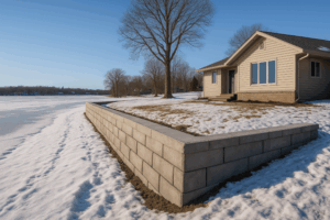 modest lakeshore home with cement retaining wall at lakeshore