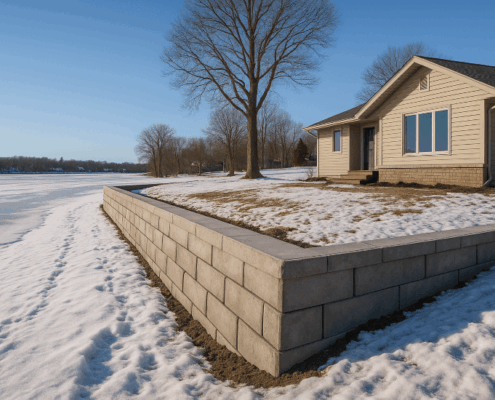 modest lakeshore home with interlocking cement retaining wall at lakeshore