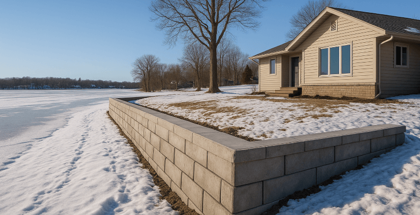 modest lakeshore home with interlocking cement retaining wall at lakeshore