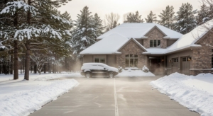 Heated driveway at a Minnesota home in winter, snow-free surface with surrounding yard covered in fresh snow for contrast.