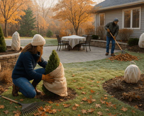 Minnesota backyard in late fall with mulched garden beds, wrapped shrubs, and landscape preparations for winter.