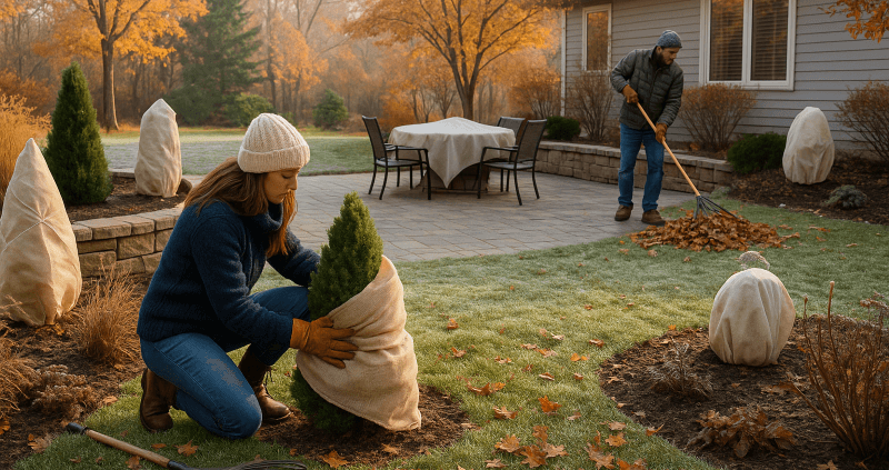 Minnesota backyard in late fall with mulched garden beds, wrapped shrubs, and landscape preparations for winter.