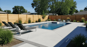 Modern Minnesota backyard with a rectangular inground pool and stamped concrete pool deck in slate gray, featuring lounge chairs and sleek landscaping