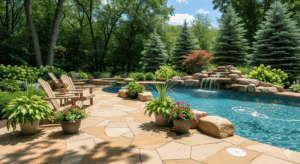 Freeform pool surrounded by a natural stone pool deck with warm sandstone flagstone, boulder accents, and lush landscaping in a Minnesota backyard.