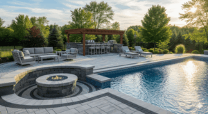Custom Minnesota pool deck built with decorative pavers, outdoor firepit, pergola kitchen, and seating areas around a curved inground pool.
