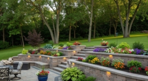 Tiered backyard retaining wall in Minnesota with natural stone blocks, built-in seating, raised garden beds, and accent lighting.