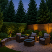 Minnesota backyard with evergreen trees, privacy fence, and stone patio seating designed for a private outdoor retreat.