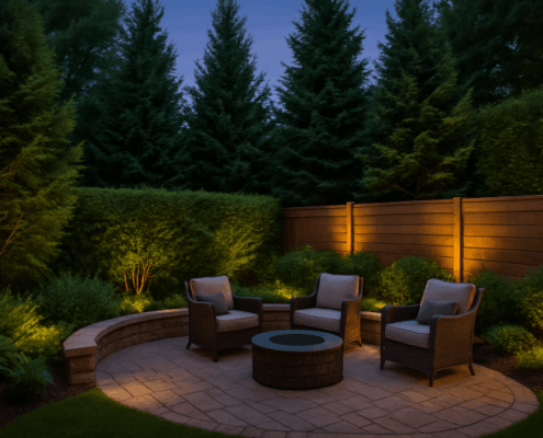 Minnesota backyard with evergreen trees, privacy fence, and stone patio seating designed for a private outdoor retreat.
