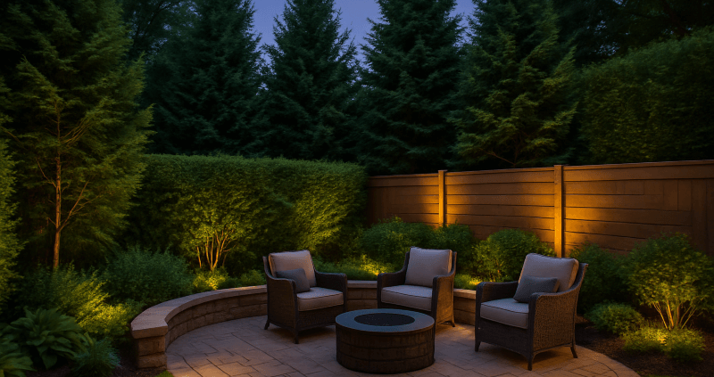 Minnesota backyard with evergreen trees, privacy fence, and stone patio seating designed for a private outdoor retreat.