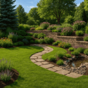 Minnesota backyard with climate-smart landscaping, native plants, retaining wall, stone pathways, and sustainable design features