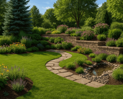 Minnesota backyard with climate-smart landscaping, native plants, retaining wall, stone pathways, and sustainable design features