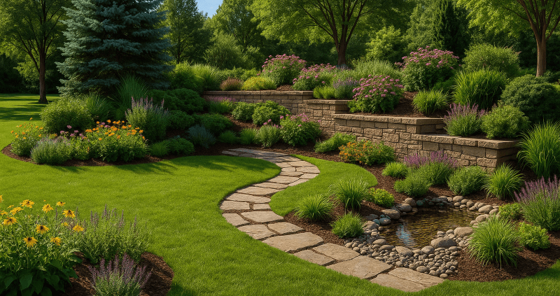 Minnesota backyard with climate-smart landscaping, native plants, retaining wall, stone pathways, and sustainable design features