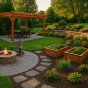 functional Landscaping (1) (1) Minnesota backyard with functional landscaping including patio, pergola, fire pit, raised garden beds, and a tiered retaining wall.
