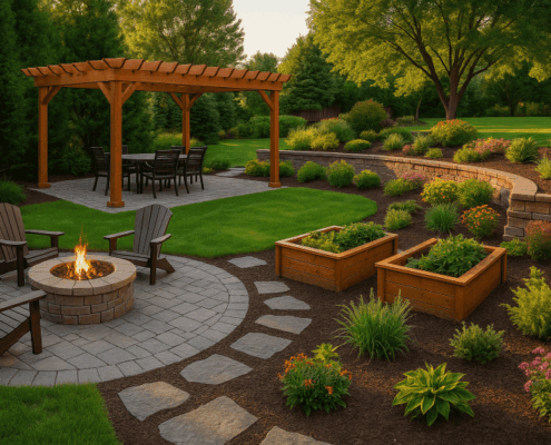 Minnesota backyard with functional landscaping including patio, pergola, fire pit, raised garden beds, and a tiered retaining wall.
