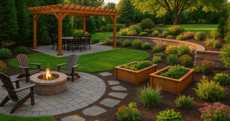 Minnesota backyard with functional landscaping including patio, pergola, fire pit, raised garden beds, and a tiered retaining wall.