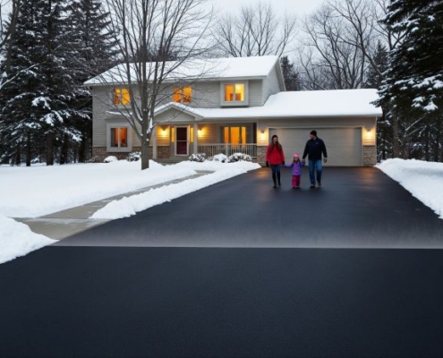 Minnesota heated driveway in winter, snow-free while family walks safely and car backs out, surrounded by snow-covered yard.
