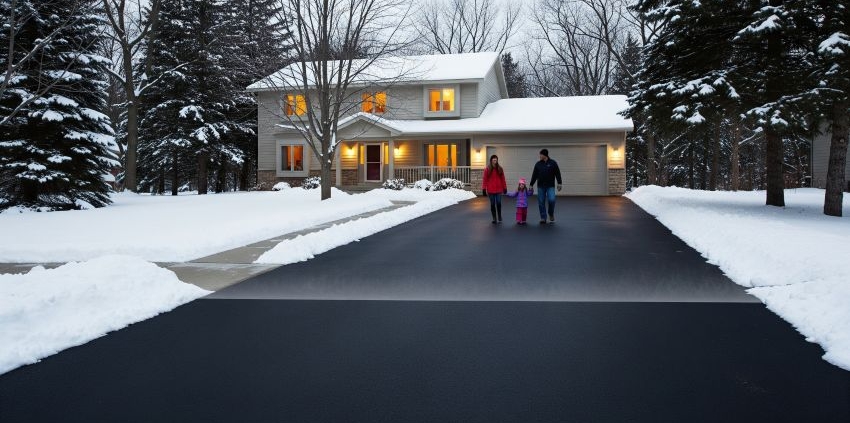 Minnesota heated driveway in winter, snow-free while family walks safely and car backs out, surrounded by snow-covered yard.