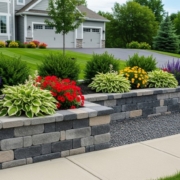 modern retaining wall MN Front yard retaining wall in Minnesota built from stone blocks, with landscaping and flowers that enhance curb appeal along the driveway.
