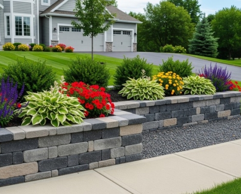 Front yard retaining wall in Minnesota built from stone blocks, with landscaping and flowers that enhance curb appeal along the driveway.