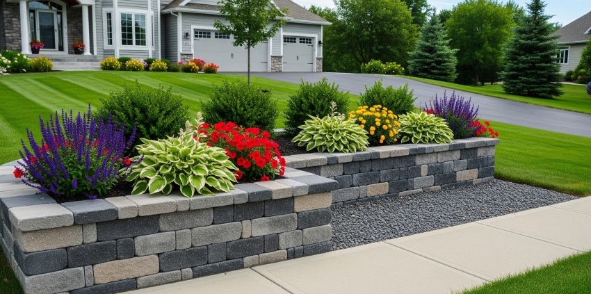 Front yard retaining wall in Minnesota built from stone blocks, with landscaping and flowers that enhance curb appeal along the driveway.