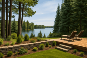 Lakeshore Minnesota property with evergreens, stone retaining wall, and wooden deck designed for outdoor privacy.