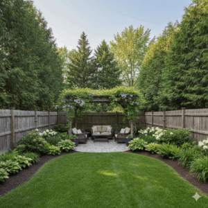 Minnesota backyard with wooden privacy fence, tall evergreens, and a stone patio designed to improve yard privacy.