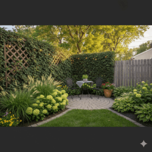 Small Minnesota backyard with trellis, climbing ivy, and shrubs creating a private outdoor seating area.