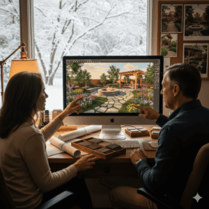 homeowners reviewing 3D landscaping design during the winter planning process- preparing for spring 
