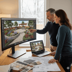 homeowners viewing 3D landscaping Image capabilities - planning for spring