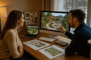 Homeowner and landscape designer reviewing a 3D landscape design plan on a computer screen, preparing for spring installation during winter planning phase