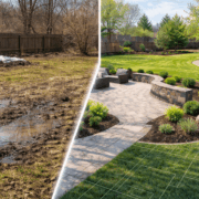 Split-view of a muddy spring yard transforming into a finished landscape design with patio, planting beds, and walkway, showing 3D planning results.