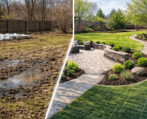Split-view of a muddy spring yard transforming into a finished landscape design with patio, planting beds, and walkway, showing 3D planning results.