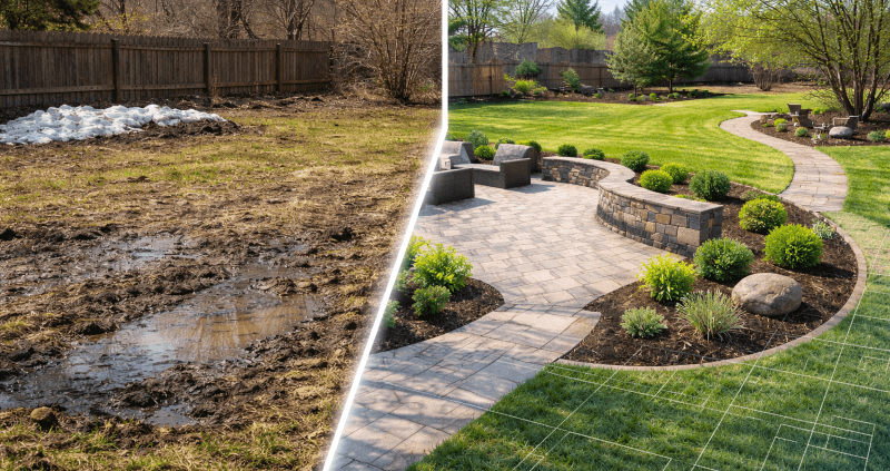 Split-view of a muddy spring yard transforming into a finished landscape design with patio, planting beds, and walkway, showing 3D planning results.