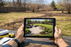 Landscape planning for spring using a tablet that displays a 3D yard design with patio, garden beds, and retaining wall.