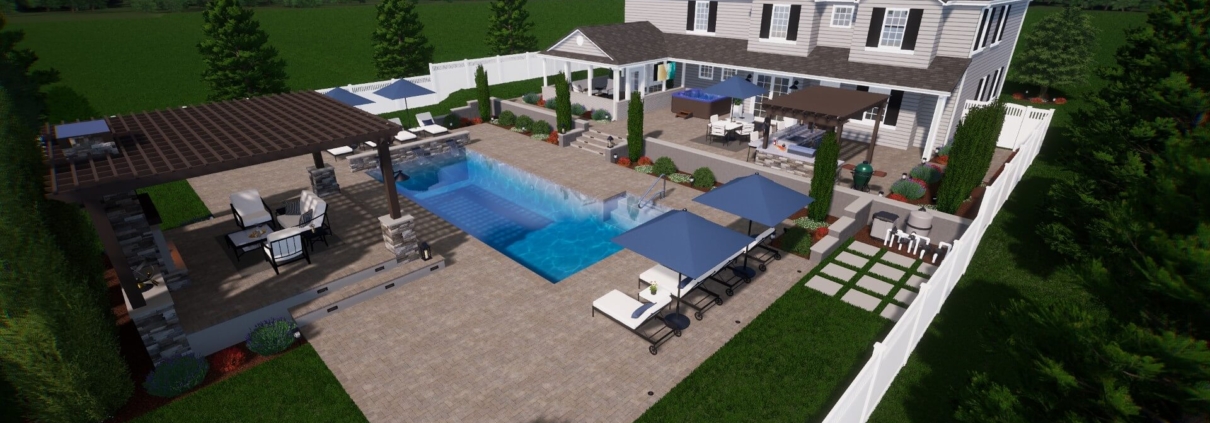 3D backyard landscape design with in ground pool