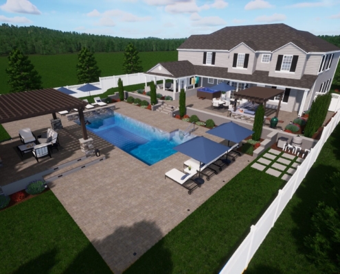 3D backyard landscape design with in ground pool