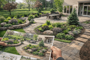 Completed spring landscape matching a 3D design plan, showing how digital planning leads to accurate outdoor results.