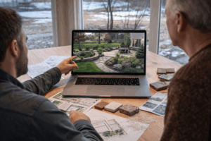 Homeowner reviewing a 3D landscape design with a contractor, showing a detailed outdoor plan for spring landscaping