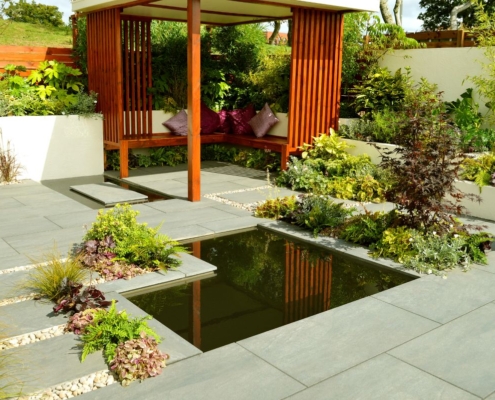 Garden Patio with water feature installation H&H feature
